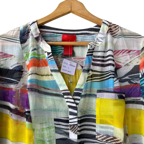 V CRISTINA Sheer Tunic Top Women’s L Multicolor Abstract V-neck Roll-tab Sleeves - Picture 3 of 3